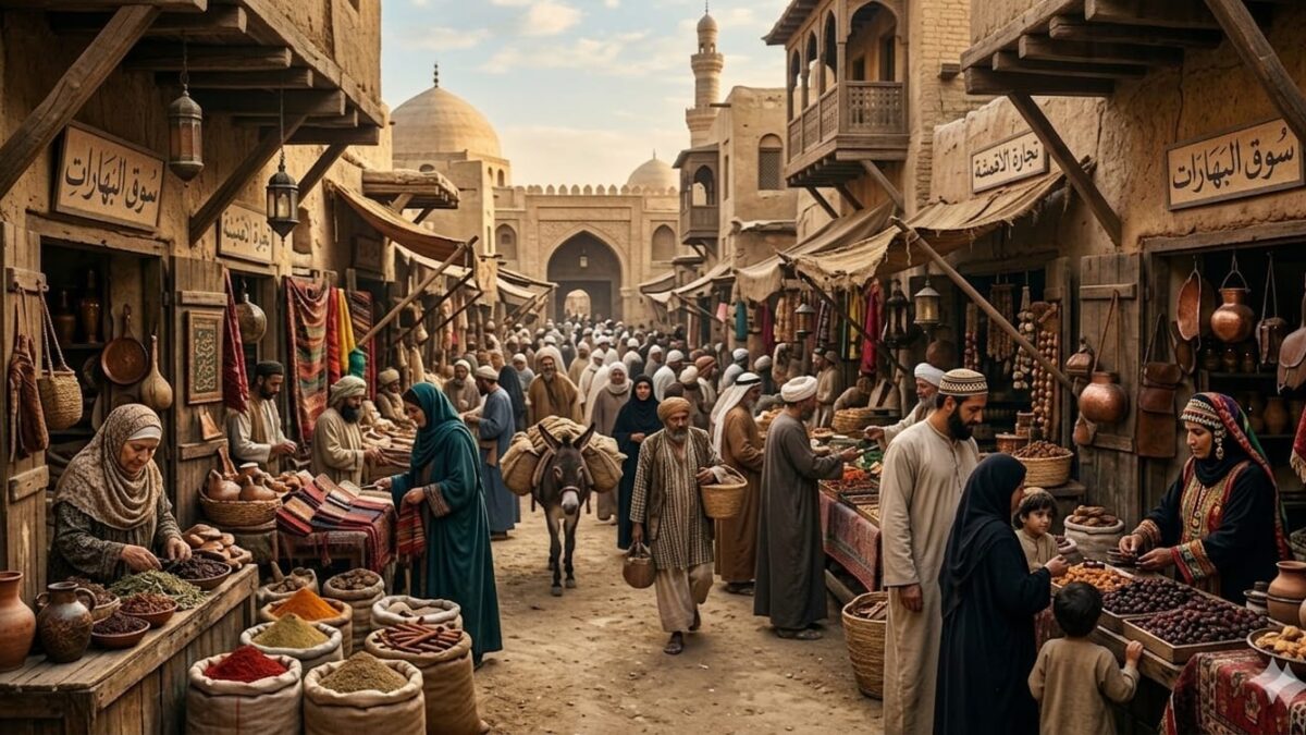 سوق الثلاثاء كانت له أبواب تُغلق عند انتهاء حركة البيع والشراء (صورة مولدة بالذكاء الاصطناعي)